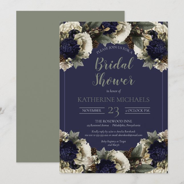 Invitation Bleu botanique d'hiver | Fête des mariées blanche  (Devant / Derrière)