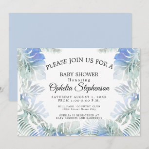 Invitation Bleu botanique et vert Feuille Aquarelle douche