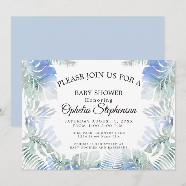 Invitation Bleu botanique et vert Feuille Aquarelle douche (Devant / Derrière)