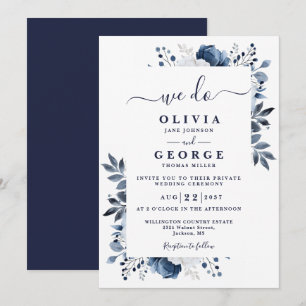 Invitation Bleu Botanique Floral Intime Mariage privé