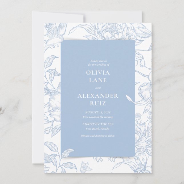 Invitation Bleu Botanique Floral Mariage Français (Devant)