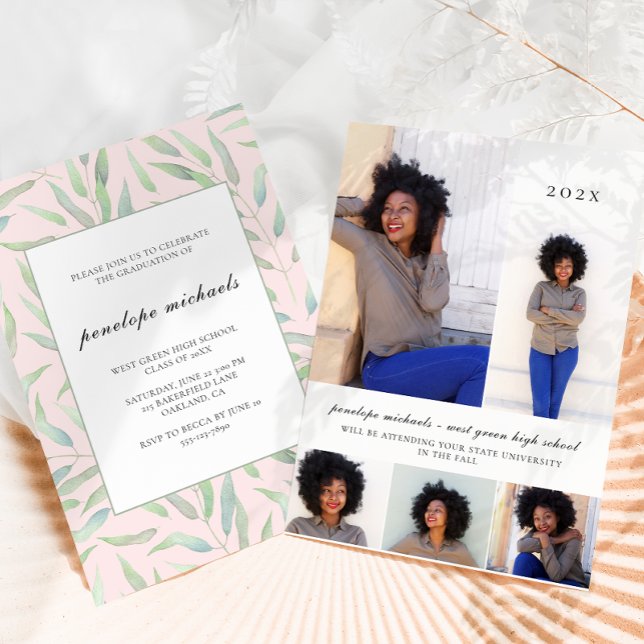 Invitation Bleu botanique Photo Collage Parti de graduation (Créateur téléchargé)