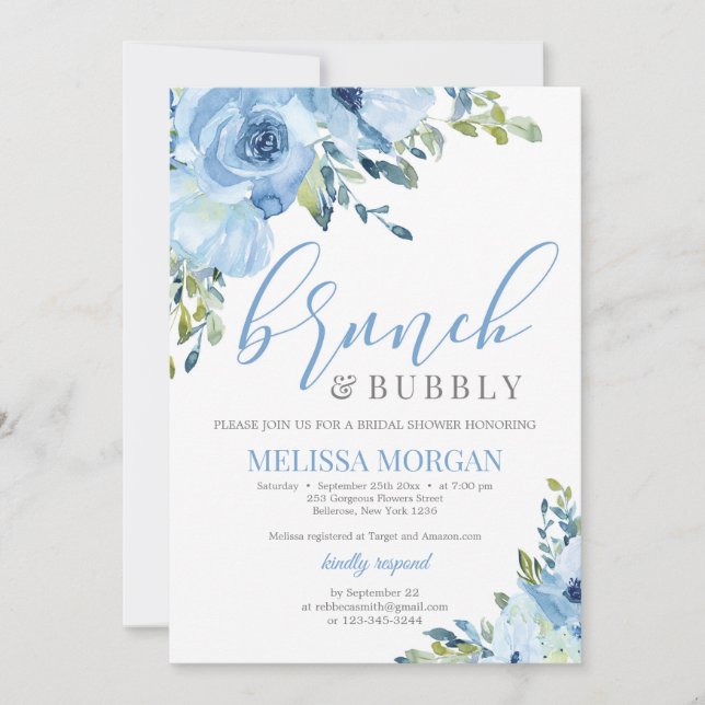 Invitation Bleu bouquet floral brunch et mousseux (Devant)
