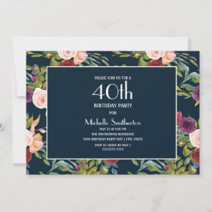 Invitation Bleu Bourgogne Blush Floral 40e anniversaire