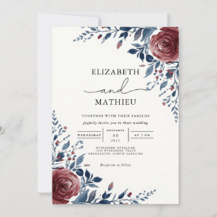 Invitation Bleu Bourgogne riche Mariage floral