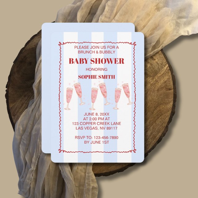 Invitation Bleu Bouton Bordure Rouge Brunch & Baby shower mou (Créateur téléchargé)
