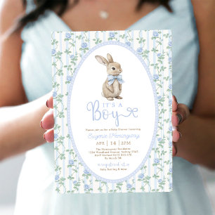 Invitation Bleu Bow Floral Lapin Rabbit Baby shower garçon