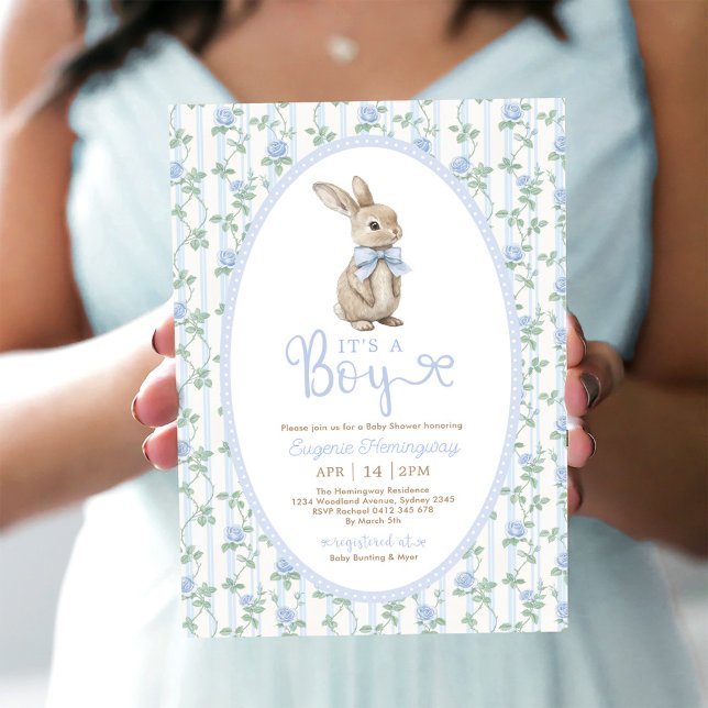 Invitation Bleu Bow Floral Lapin Rabbit Baby shower garçon (Créateur téléchargé)