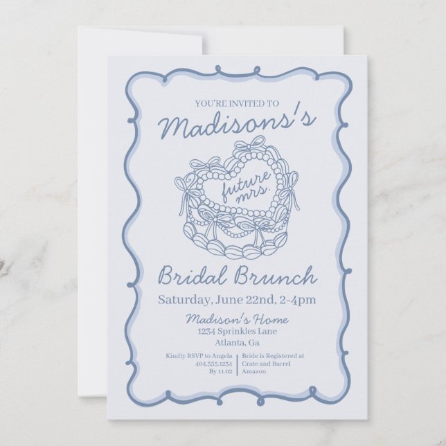 Invitation Bleu Bow Retro Coquette gâteau Brunch nuptial (Devant)