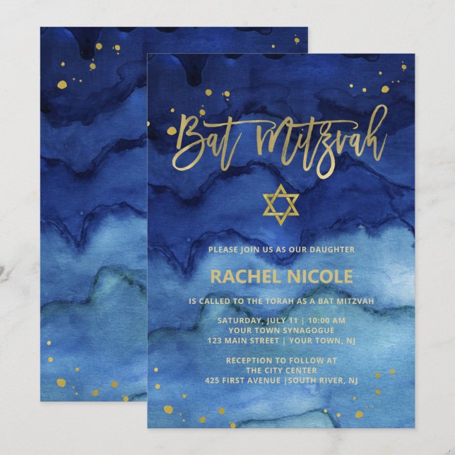 Invitation Bleu brillant et Bat mitzvah d'or Faux (Devant / Derrière)