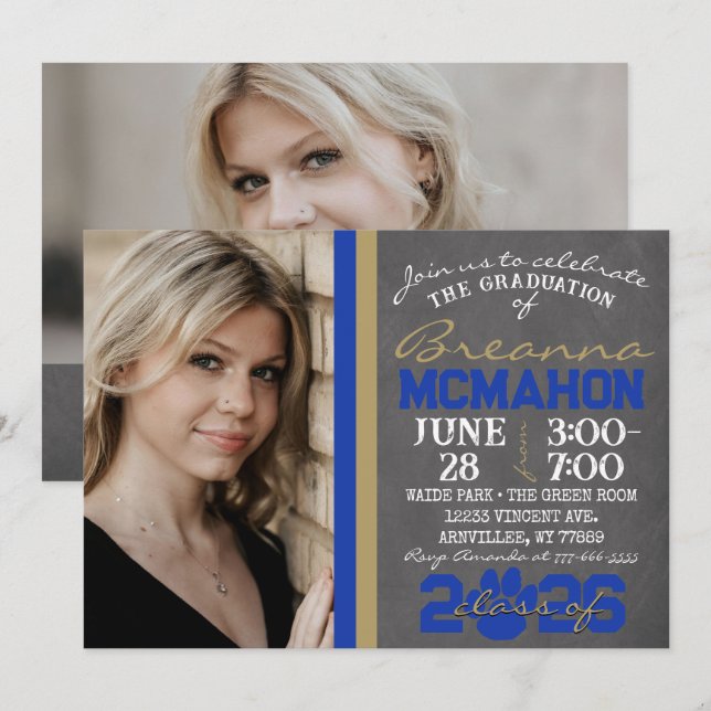Invitation Bleu & Bronze Gold Empreinte de patte Graduation 2 (Devant / Derrière)