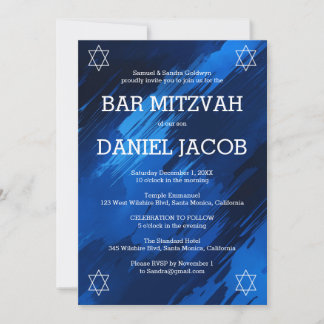 Invitation Bleu Brosse Étoiles BARRE personnalisée BAT MITZVA