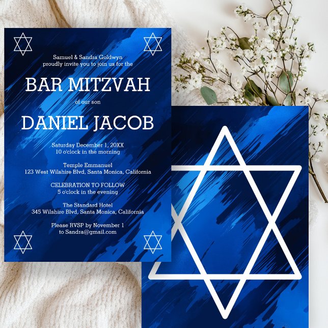 Invitation Bleu Brosse Étoiles BARRE personnalisée BAT MITZVA (Blue Brushstrokes Stars Custom BAR BAT MITZVAH Invitation
)