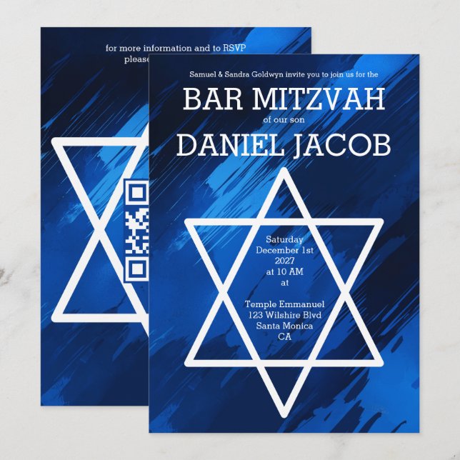 Invitation Bleu Brosse Star QR BAT MITZVAH de la BARRE person (Devant / Derrière)