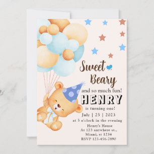 Invitation Bleu Brown doux Ours avec ballons Anniversaire du 