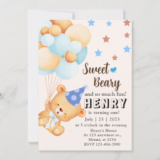 Invitation Bleu Brown doux Ours avec ballons Anniversaire du