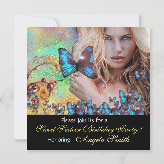 INVITATION BLEU BUTTERFLY SWEET 16 PARTY MONOGRAM (Devant)