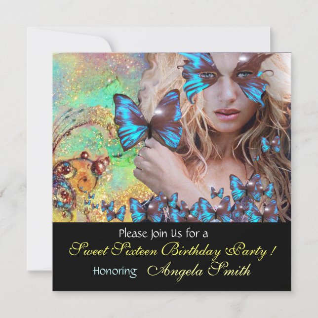INVITATION BLEU BUTTERFLY SWEET 16 PARTY MONOGRAM (Devant)