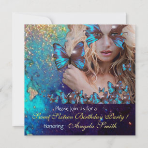 INVITATION BLEU BUTTERFLY SWEET 16 PARTY MONOGRAM, OR
