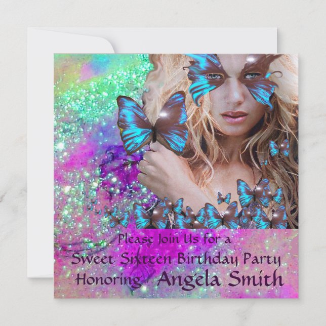 INVITATION BLEU BUTTERFLY SWEET 16 PARTY MONOGRAM, OR (Devant)