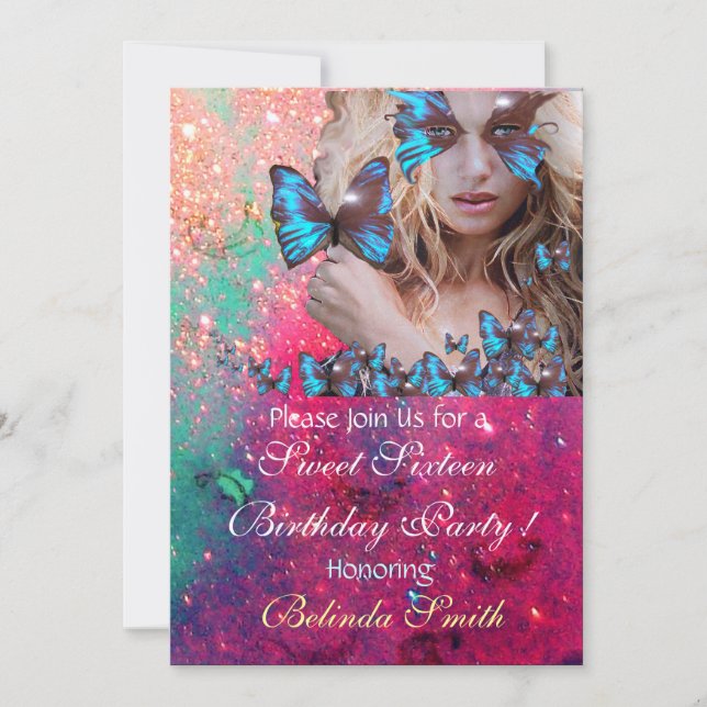 INVITATION BLEU BUTTERFLY SWEET 16 PARTY MONOGRAM, OR (Devant)