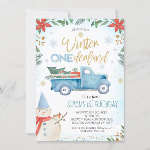 Invitation Bleu Camion Poinsettia Hiver Onederland Anniversai