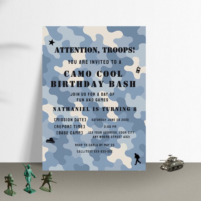 Invitation Bleu Camo Militaire Anniversaire | Parti de l'armé (Créateur téléchargé)