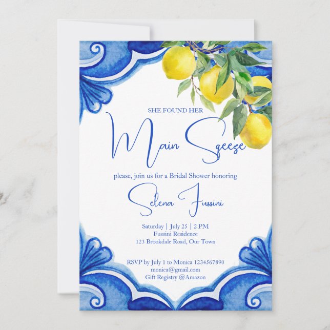 Invitation Bleu carreaux citrons principal presser nuptiale d (Devant)