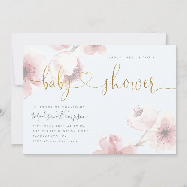 Invitation Bleu cerisier fleurs or Script Baby shower floral (Devant)