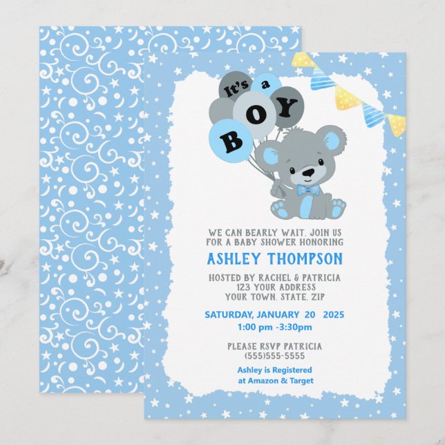Invitation Bleu C'est un Baby shower de ballons d'ours (Devant / Derrière)