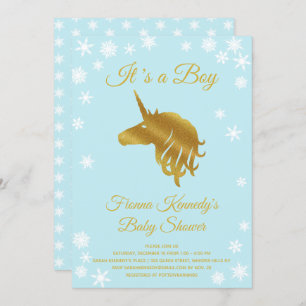 Invitation Bleu C'est un garçon Unicorn Baby shower d'hiver