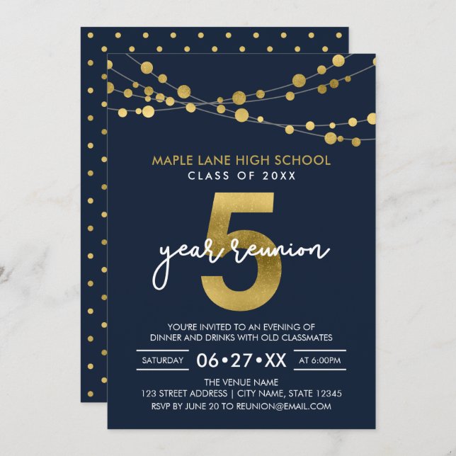Invitation Bleu Chaînes de lumières 5 Année Classe Réunion (Devant / Derrière)