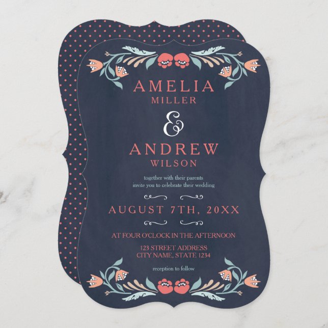 Invitation Bleu Chalkboard Élégant Mariage floral (Devant / Derrière)