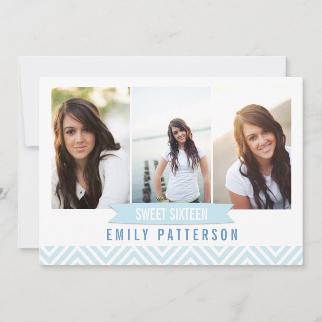 Invitation Bleu Chevron| White Sweet 16 Photo Birthday Party (Devant)