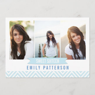 Invitation Bleu Chevron| White Sweet 16 Photo Birthday Party