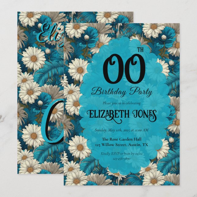 Invitation Bleu Chic Daisy Milestone Anniversaire Pour Maman (Devant / Derrière)