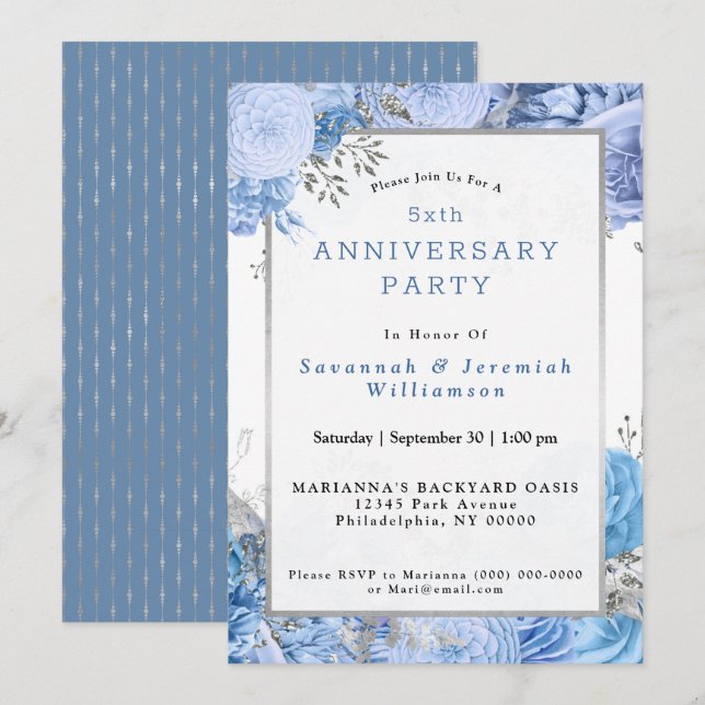 Invitation Bleu Chic Fleurs Argent Personnalisable Anniversai (Devant / Derrière)
