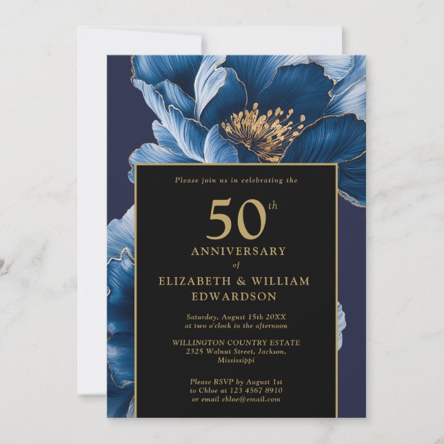 Invitation Bleu Chic Floral Noir Et Or 50e Anniversaire (Devant)