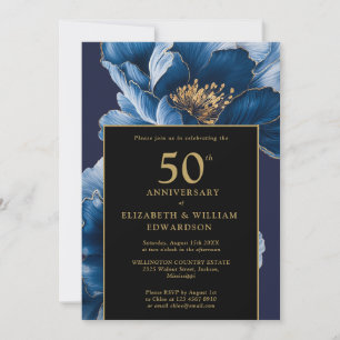 Invitation Bleu Chic Floral Noir Et Or 50e Anniversaire