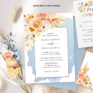 Invitation Bleu chic, Pêche, Bleu et Mariage floral crème