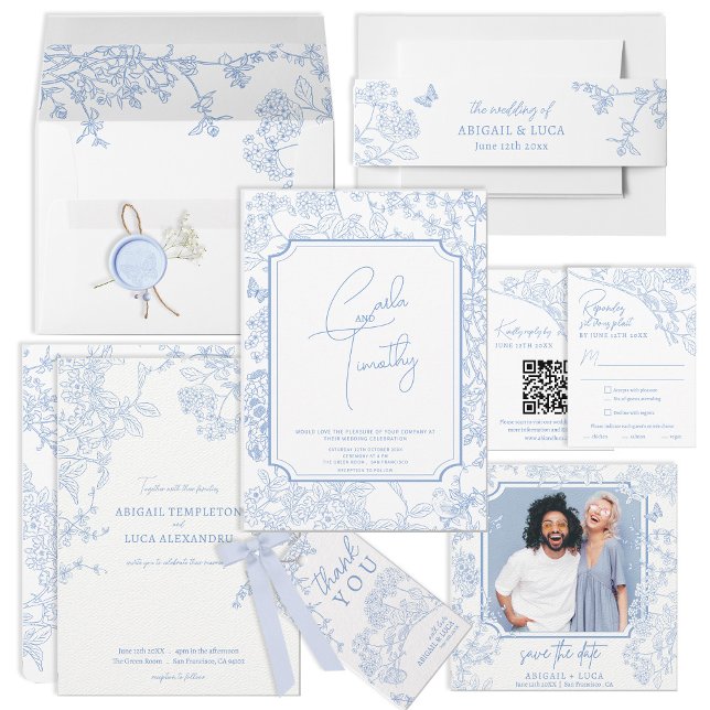 Invitation Bleu Chinoiserie Toile de Jouy Mariage (Créateur téléchargé)