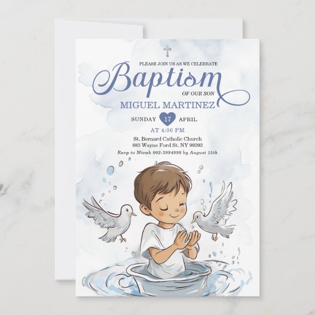 Invitation Bleu Christening Dove mignon garçon priant Baptême (Devant)