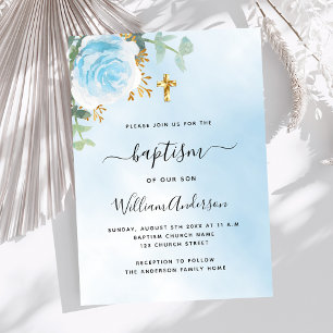 Invitation Bleu ciel fleuri eucalyptus garçon croiser baptême