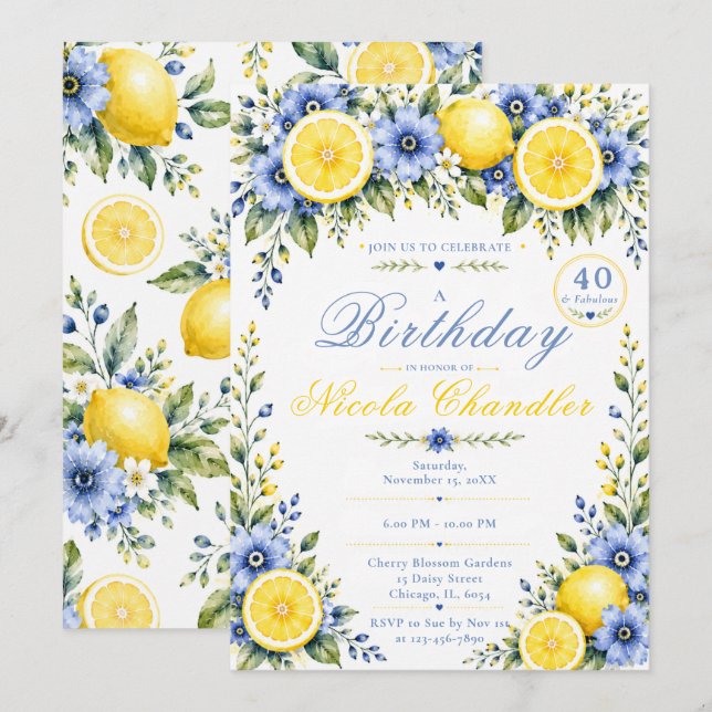 Invitation Bleu Citron 40e Anniversaire (Devant / Derrière)