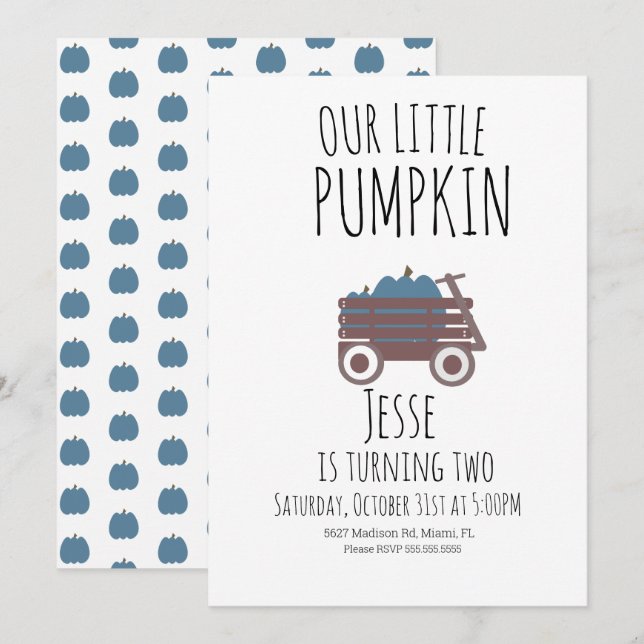 Invitation Bleu Citrouille Patch Halloween Citrouille Wagon (Devant / Derrière)