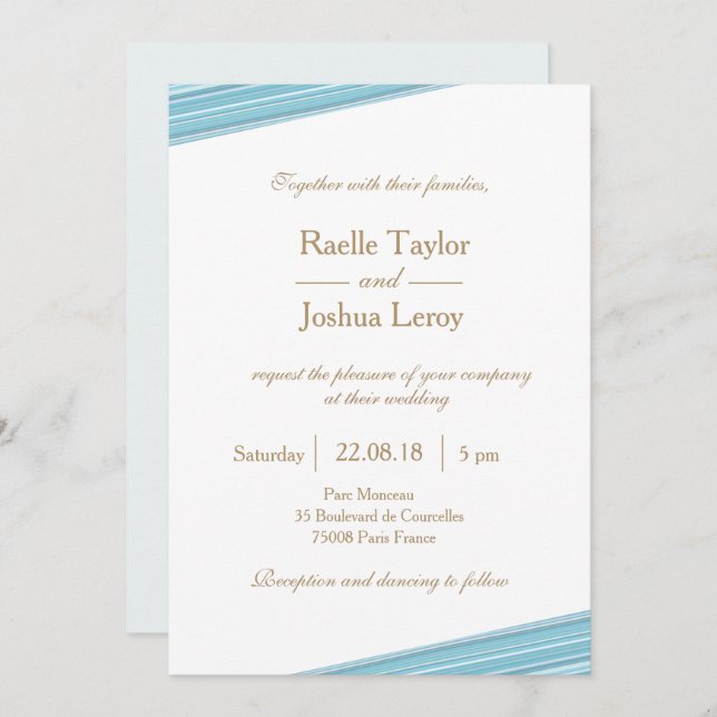 Invitation Bleu clair blanc subtil rayures mariage (Devant / Derrière)
