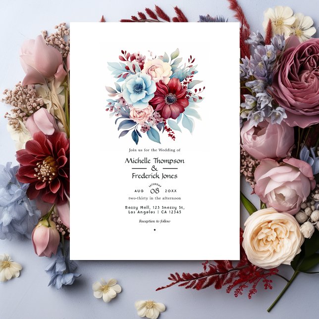 Invitation Bleu clair, Bleu Duché et Mariage Floral Bourgogne (Créateur téléchargé)