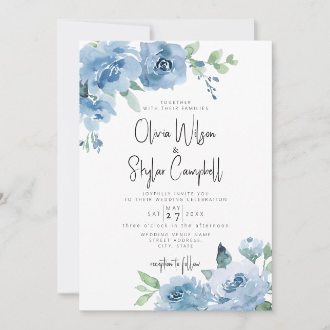 Invitation Bleu clair Boho Floral QR Code Tout en un Mariage (Devant)