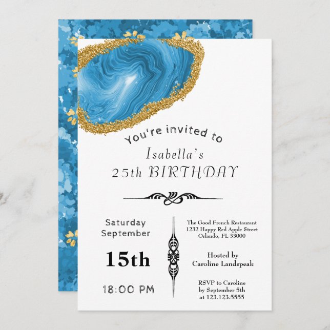 Invitation Bleu clair chic Agate or doré pour anniversaire (Devant / Derrière)