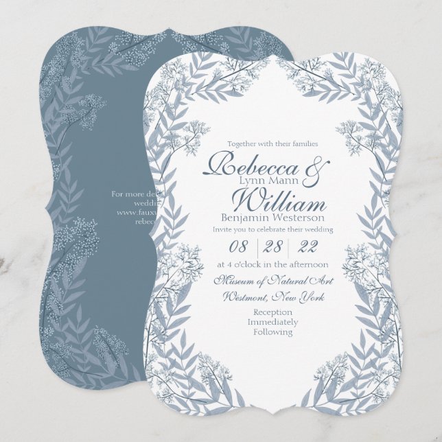 Invitation Bleu clair Dusty Mariage Botanique Vintage (Devant / Derrière)